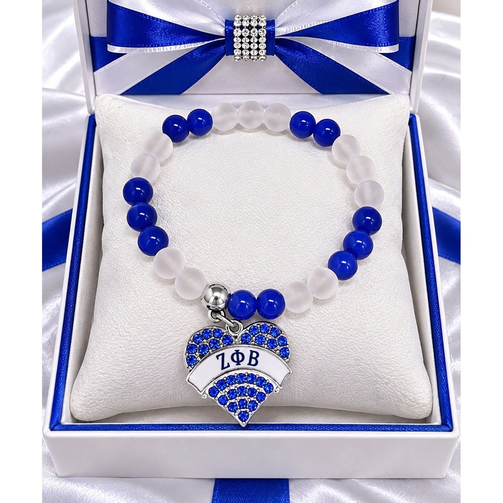 Zeta Phi Beta Bracelet Clear Clue & White Beaded with Zeta Heart Charm